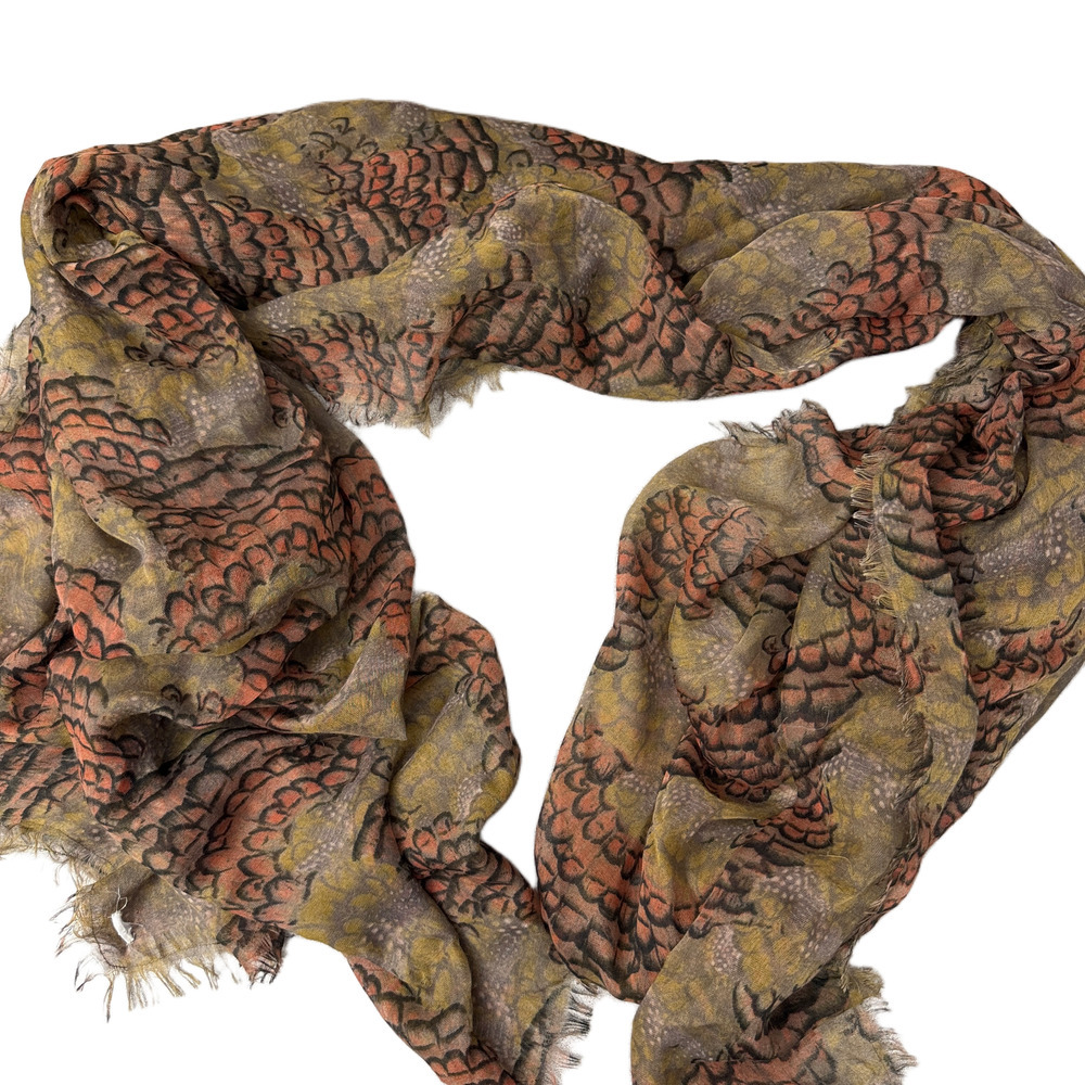 Maison Scotch Scarf Wrap Womens Brown Red Abstract Art Fringe Woven Sheer 67x80